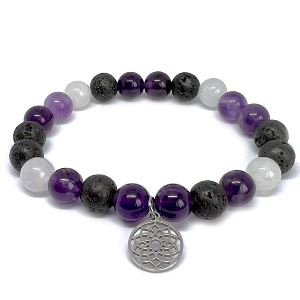 Minerální náramek ametyst, lávový kámen, křišťál - FIALKA